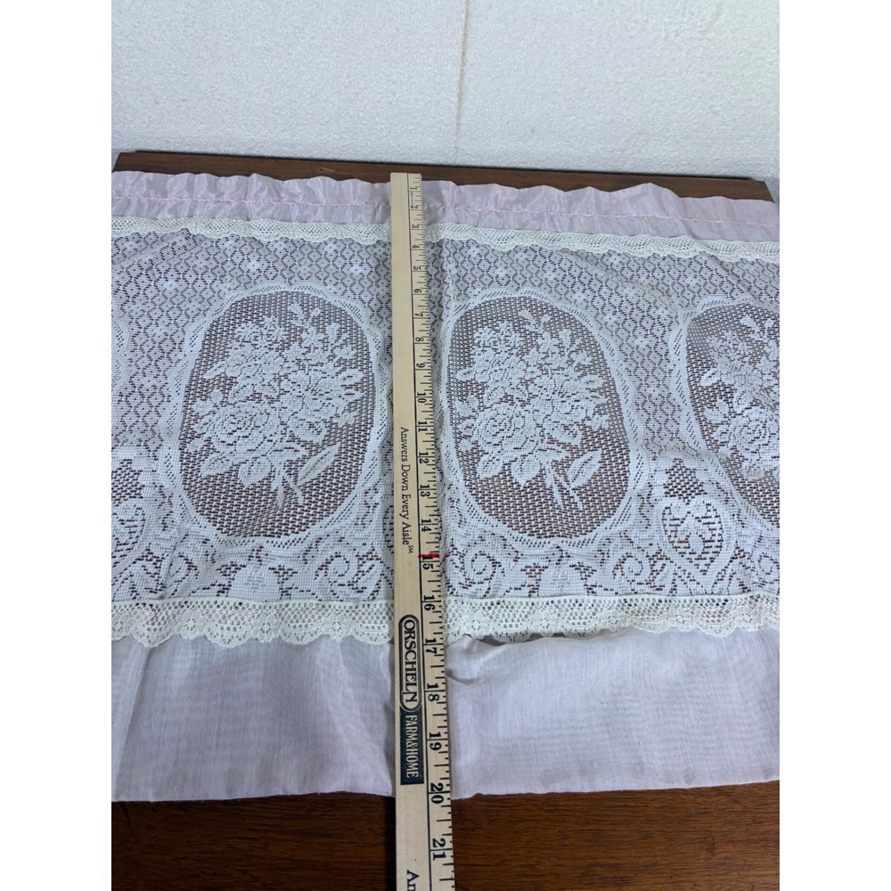 Vintage Floral Lace Valance Set OS Pink White Excellent Scalloped Cafe Curtains